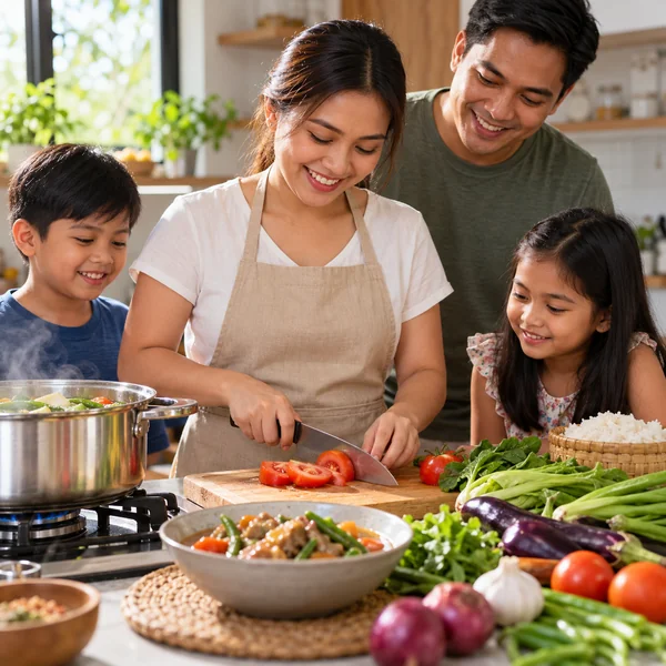 Filipino home cook preparing a fresh family meal in a clean kitchen.