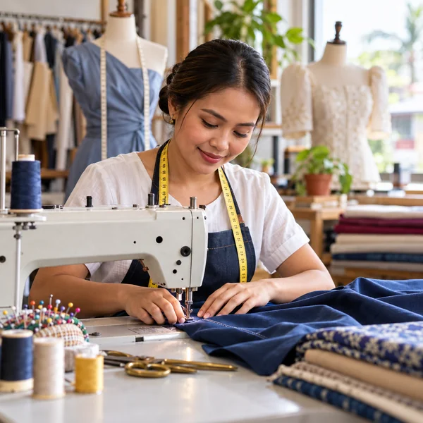 Filipino tailor sewing fabric in a bright tailoring workshop.