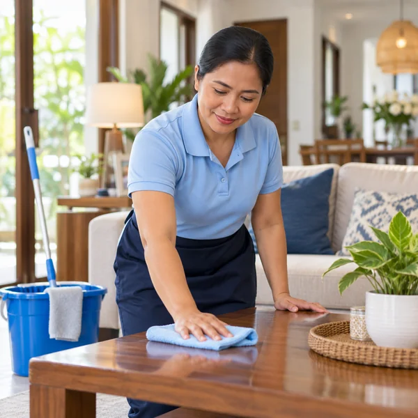 Housekeeper carefully cleaning a table in a bright Philippine home.