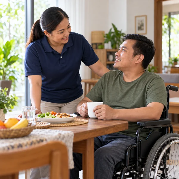 Personal-care support worker talking respectfully with an adult wheelchair user at home.