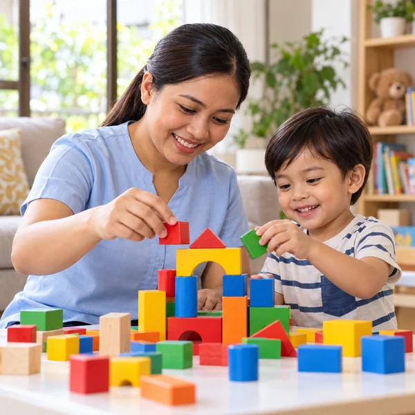 Filipino nanny helping a preschool child play with colourful building blocks.